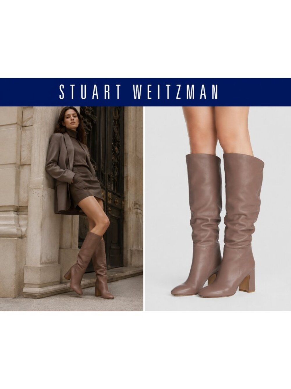 Stuart Weitzman Brown Leather Suede Cuff Knee High Boots Block Heel Size 9 Spain